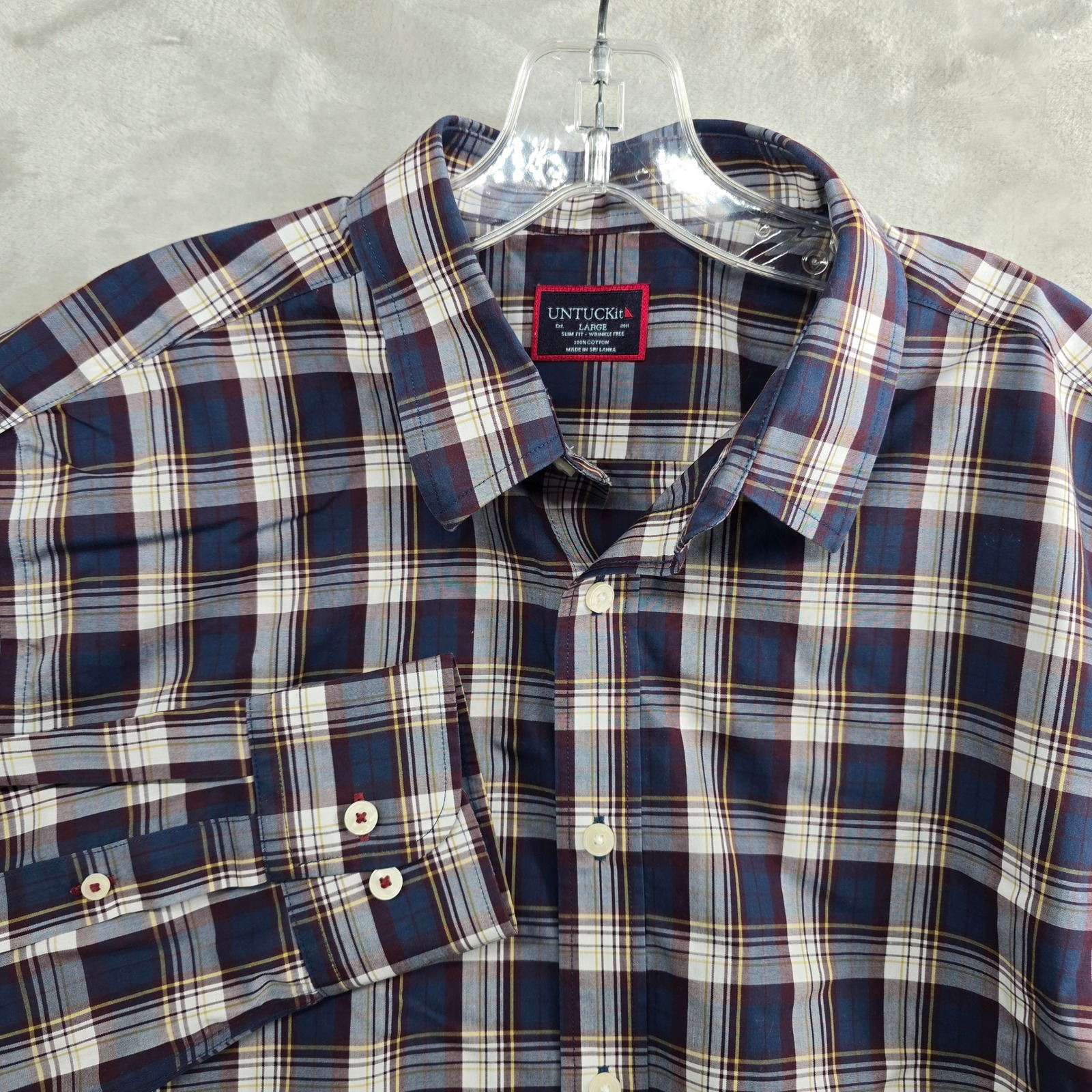Untuckit Size Large Barossa Wf Navy Plaid Check Slim Fit Dress Shirt